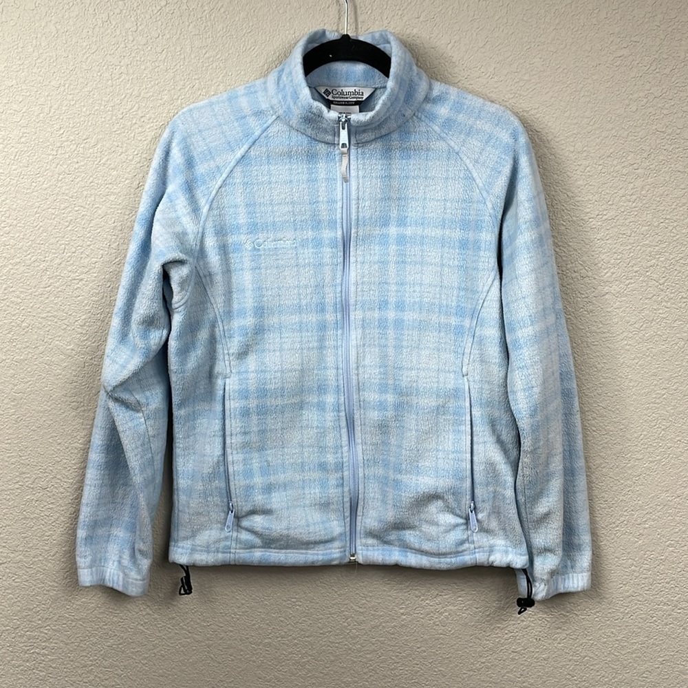 Columbia Fleece Full Zip Jacket Light Blue Plaid Zip Pockets Lounge Sz M